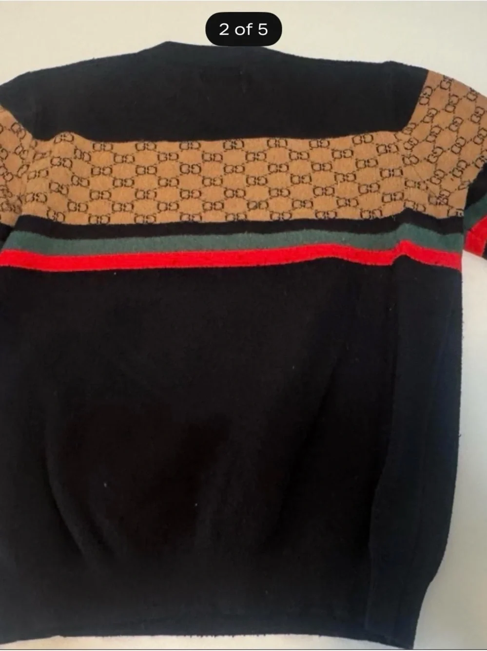 Gucci Black Knit Crewneck with Tan GG Panel and Green/Red Stripes